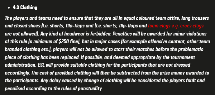 ESL《CSGO》比赛禁止选手穿洞洞鞋