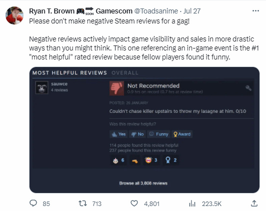 影响很大：开发者呼吁别为了搞笑给Steam游戏打差评