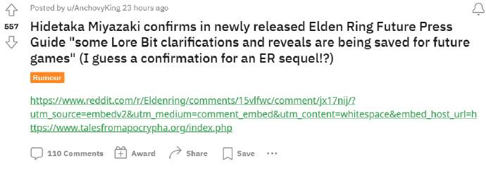 宫崎英高或暗示《艾尔登法环》将推出续作