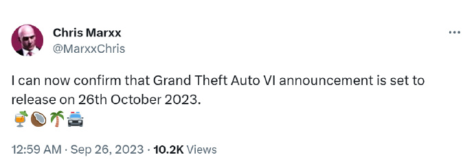 爆料者确认《GTA6》将于2023年10月26日正式公布