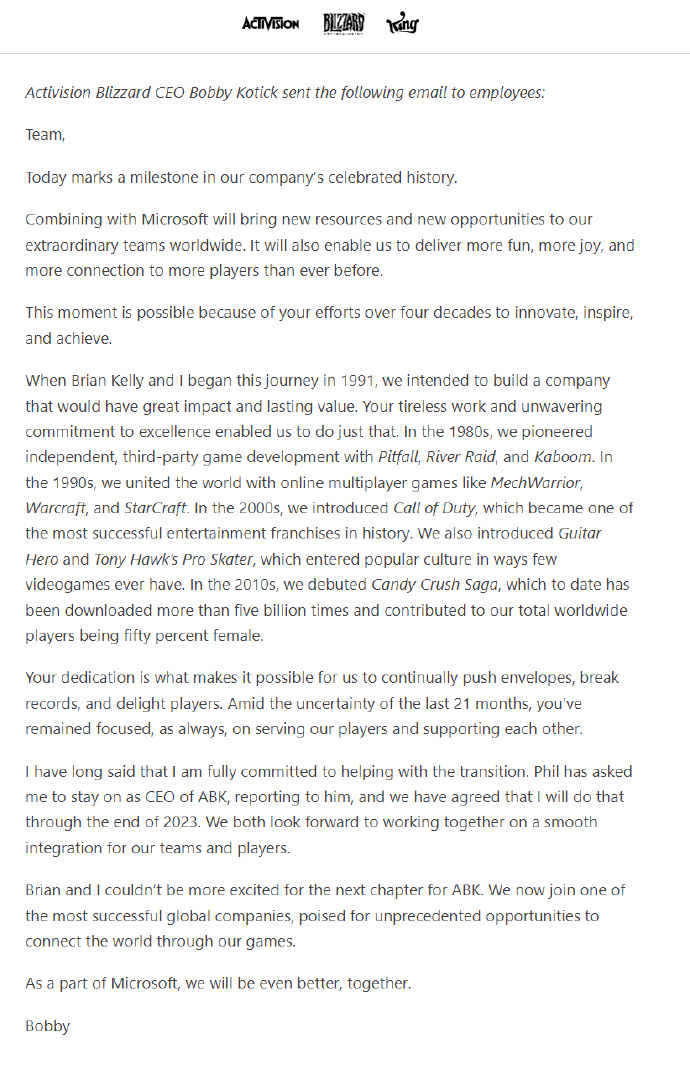 微软正式完成收购动视暴雪，考迪克明年将离职