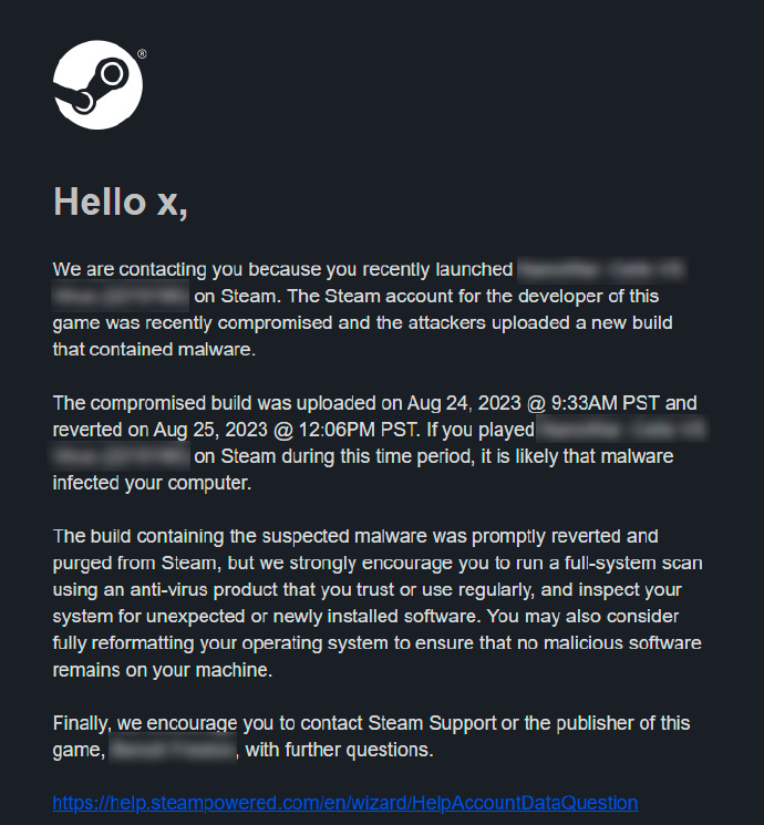部分Steam游戏开发者被盗号，游戏更新后暗藏病毒