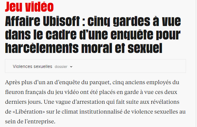 育碧5位高管因公司内性骚扰被拘留