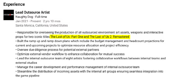 开发人员领英显示《最后生还者2：重置版》正在开发中