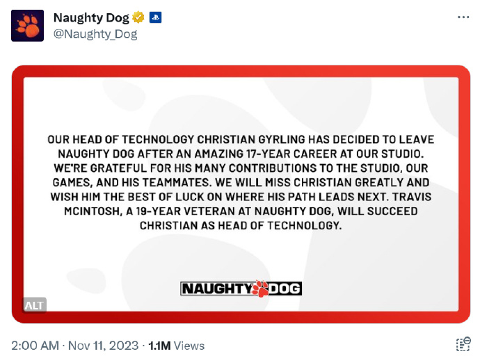 顽皮狗技术主管离职！在顽皮狗工作17年是元老级员工