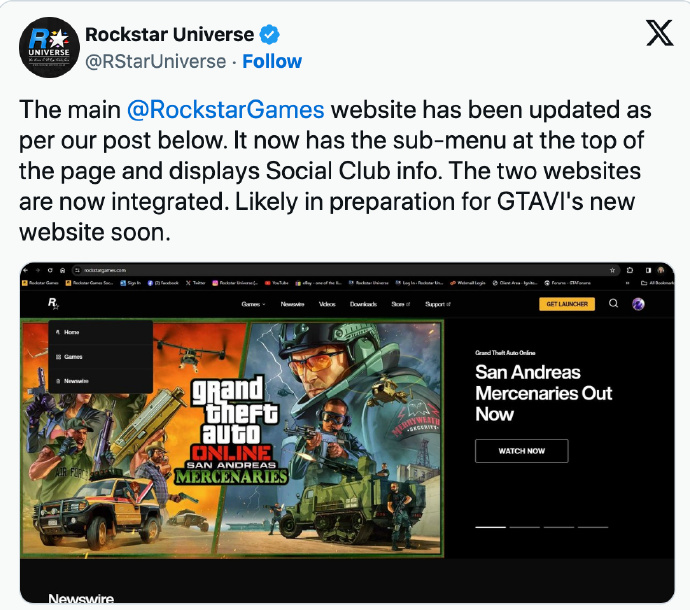 迎接《GTA6》首部预告，R星官网已经全面改版